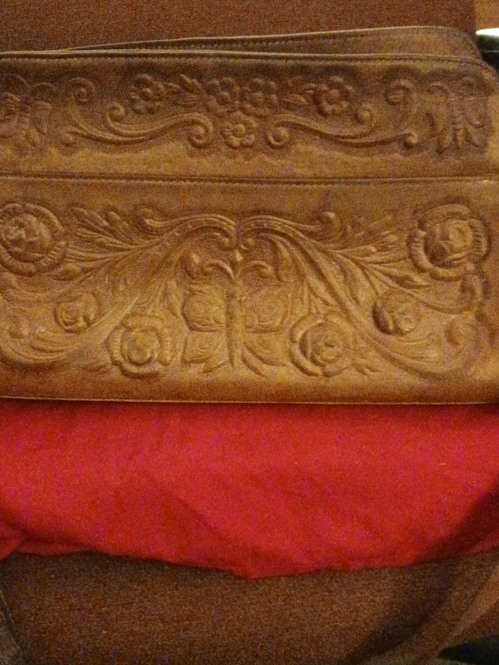 Tooled Floral Leather Clutch in Warm Brown